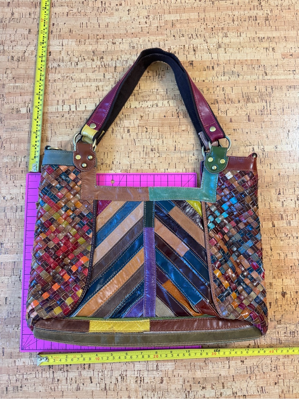 Ameri Leather - Multicolor Woven Leather Shoulder Bag - Stylish Patchwork Design